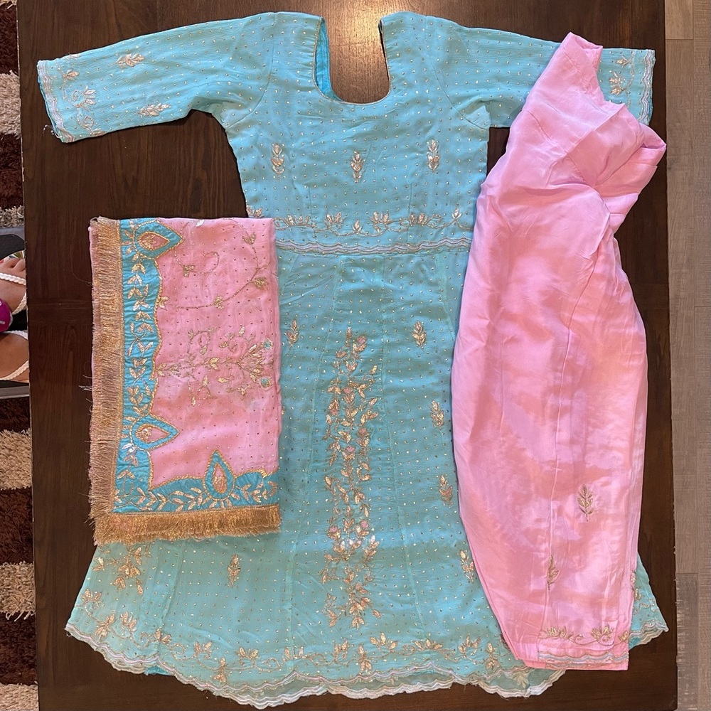 3pc Pink & Blue Indian Anarkali Suit With Salwaar